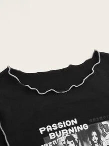 SHEIN ICON 人物和字母圖案木耳邊短款T恤 - 黑色 - 查看 3