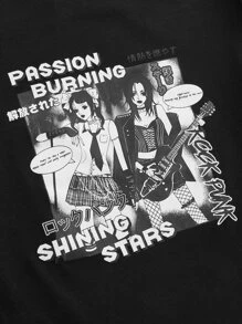 SHEIN ICON 人物和字母圖案木耳邊短款T恤 - 黑色 - 查看 4