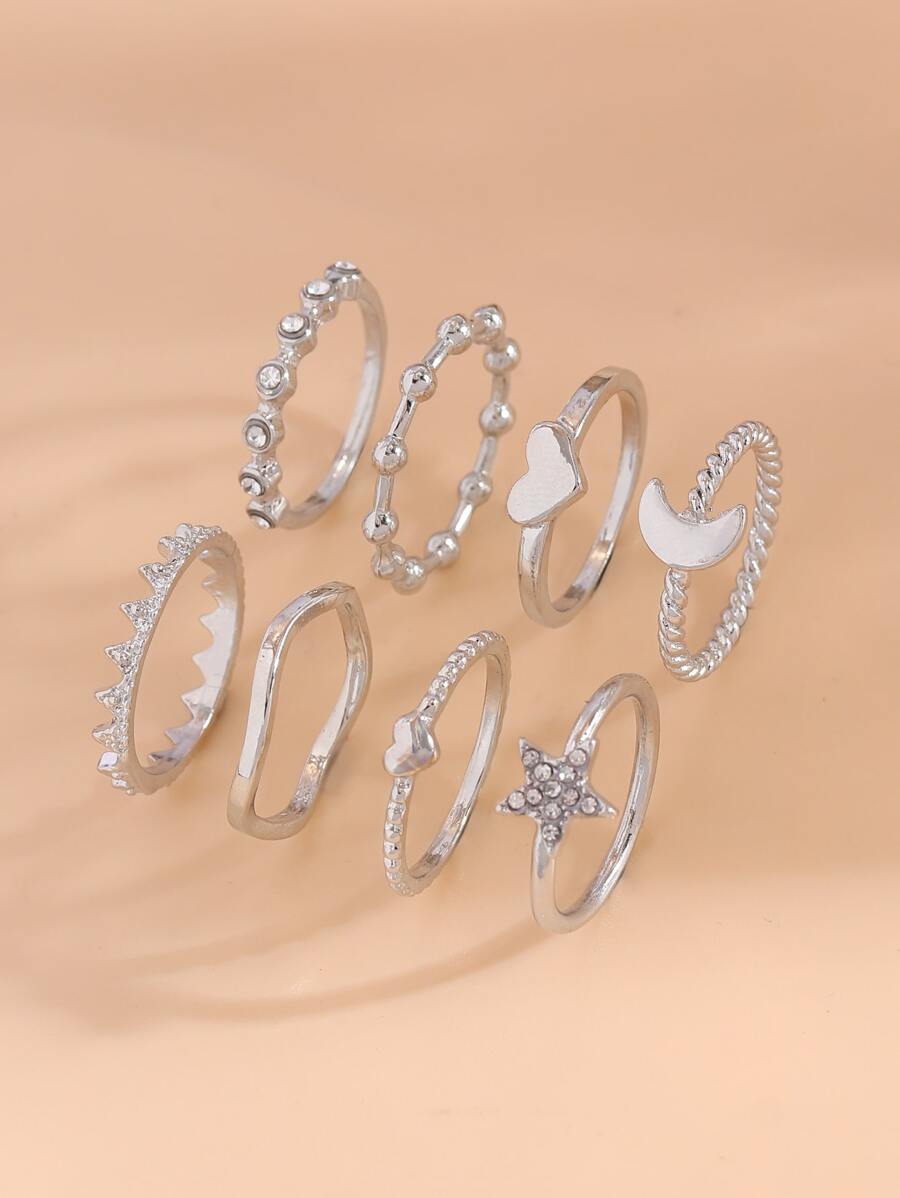 8pcs Heart & Rhinestone Star Decor Ring - Silver - View 1