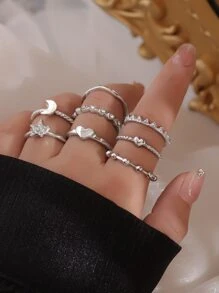 8pcs Heart & Rhinestone Star Decor Ring - Silver - View 2