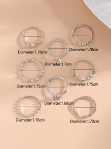 8pcs Heart & Rhinestone Star Decor Ring - Silver - View 3