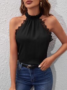 SHEIN Frenchy Embroidery Mesh Trim Tie Back Halter Top Summer Elegant Black Black - Black - View 1