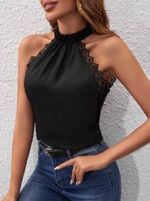 SHEIN Frenchy Embroidery Mesh Trim Tie Back Halter Top Summer Elegant Black Black - Black - View 5