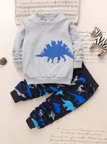 SHEIN Toddler Boys Dinosaur Print Pullover & Joggers - Multicolor - View 1