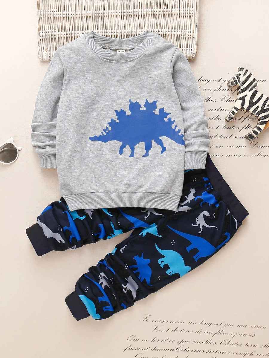 SHEIN Toddler Boys Dinosaur Print Pullover & Joggers - Multicolor - View 1