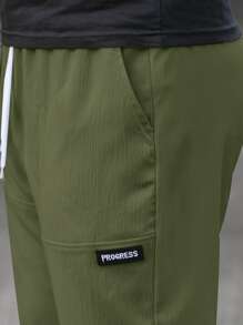 Manfinity Homme Loose-Fit Men's Letter Patched Drawstring Waist Straight Leg Pants, Men Green Sweatpants, Men Olive Green Pants, Men Casual Pants, Men Streetwear Pants, Men Green Pants, Fall - Army Green - View 3