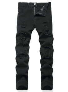 Men Ripped Frayed Skinny Jeans - Black - View 1