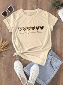 INAWLY Heart And Slogan Graphic Tee One Day At A Time - Apricot - View 1
