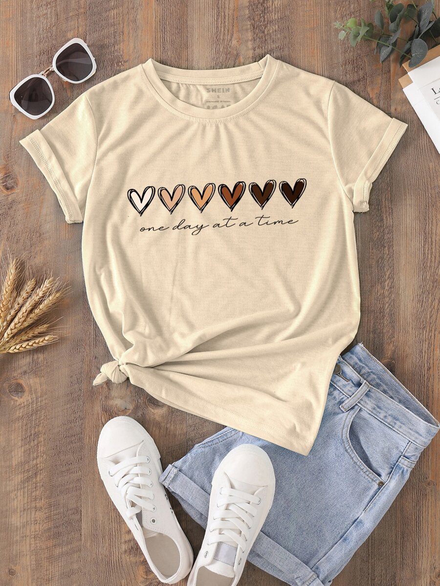 INAWLY Heart And Slogan Graphic Tee One Day At A Time - Apricot - View 1