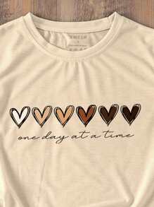 INAWLY Heart And Slogan Graphic Tee One Day At A Time - Apricot - View 3