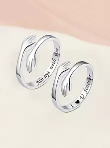 2pcs Couple Slogan Detail Hand Design Cuff Ring - Silver - View 1