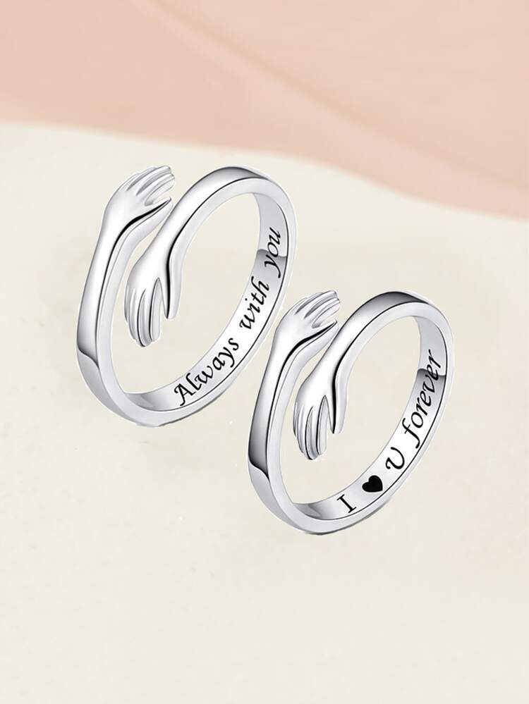 2pcs Couple Slogan Detail Hand Design Cuff Ring