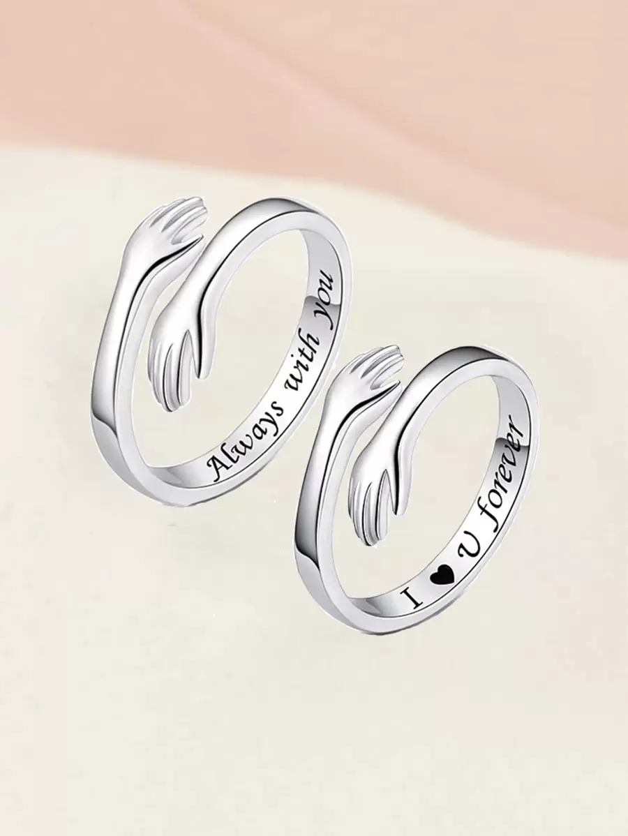 2pcs Couple Slogan Detail Hand Design Cuff Ring - Silver - View 1