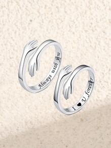 2pcs Couple Slogan Detail Hand Design Cuff Ring - Silver - View 2