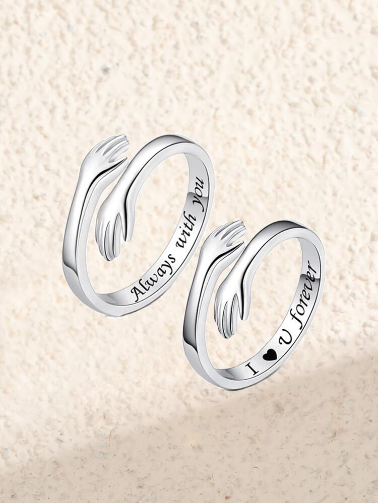 2pcs Couple Slogan Detail Hand Design Cuff Ring