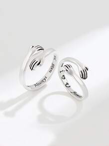 2pcs Couple Slogan Detail Hand Design Cuff Ring - Silver - View 3