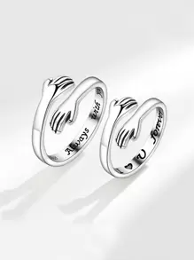 2pcs Couple Slogan Detail Hand Design Cuff Ring - Silver - View 4