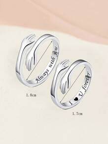 2pcs Couple Slogan Detail Hand Design Cuff Ring - Silver - View 5