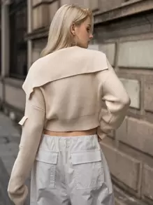 SHEIN Drop Shoulder Zip Up Crop Cardigan - Beige - View 2