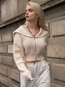 SHEIN Drop Shoulder Zip Up Crop Cardigan - Beige - View 3