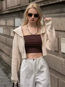 SHEIN Drop Shoulder Zip Up Crop Cardigan - Beige - View 4