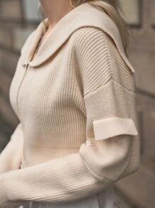 SHEIN Drop Shoulder Zip Up Crop Cardigan - Beige - View 5