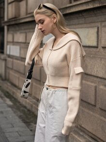 SHEIN Drop Shoulder Zip Up Crop Cardigan - Beige - View 7