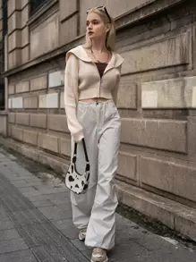 SHEIN Drop Shoulder Zip Up Crop Cardigan - Beige - View 8