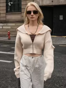 SHEIN Drop Shoulder Zip Up Crop Cardigan - Beige - View 9