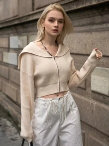 SHEIN Drop Shoulder Zip Up Crop Cardigan - Beige - View 11