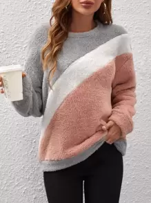 SHEIN LUNE Colour Block Drop Shoulder Teddy Sweatshirt - Multicolor - View 1