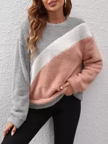 SHEIN LUNE Colour Block Drop Shoulder Teddy Sweatshirt - Multicolor - View 4