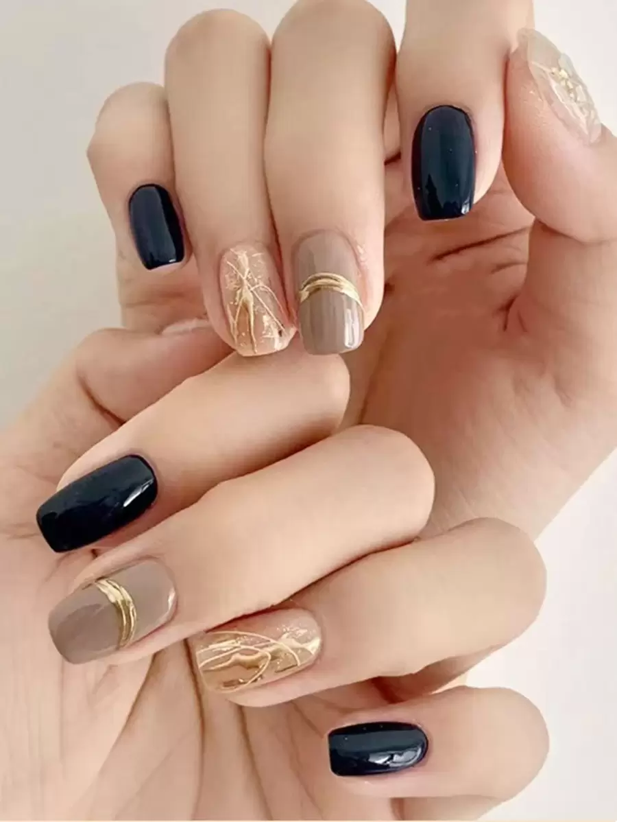 Get Glamorous With 24pcs Short Square Black Khaki Metal Embossed Fake Nail & 1sheet Tape & 1pc Nail File Press On Nails Nail Supplies - Multicolor - View 1