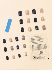 Get Glamorous With 24pcs Short Square Black Khaki Metal Embossed Fake Nail & 1sheet Tape & 1pc Nail File Press On Nails Nail Supplies - Multicolor - View 2