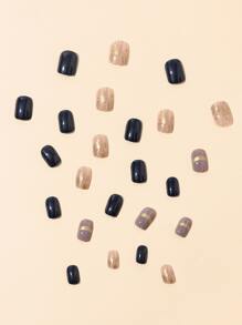 Get Glamorous With 24pcs Short Square Black Khaki Metal Embossed Fake Nail & 1sheet Tape & 1pc Nail File Press On Nails Nail Supplies - Multicolor - View 3