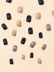 Get Glamorous With 24pcs Short Square Black Khaki Metal Embossed Fake Nail & 1sheet Tape & 1pc Nail File Press On Nails Nail Supplies - Multicolor - View 4