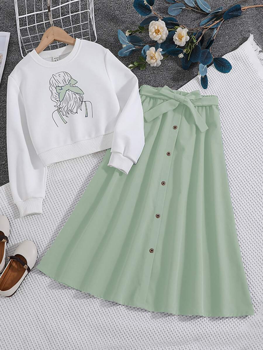 Tween Girl Figure Graphic Pullover & Button Front Skirt - Multicolor - View 1