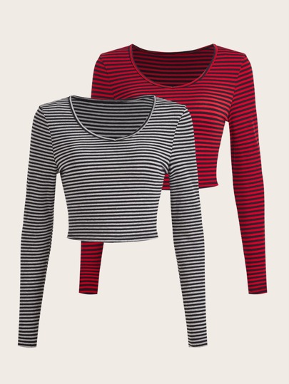 2pcs Striped Crop Tee