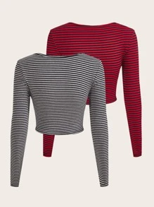 2pcs Striped Crop Tee
