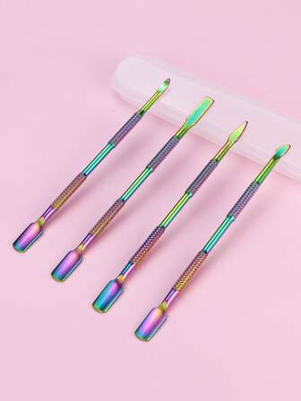 4 piezas Juego de herramientas de manicura y pedicura con empujador de cutículas de acero inoxidable y quitaesmalte, herramientas de práctica para principiantes en el arte de uñas DIY