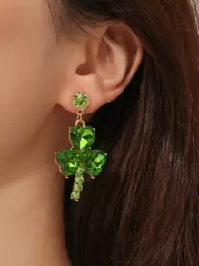 Bông tai thả cỏ ba lá rhinestone - màu xanh lá - Xem 1