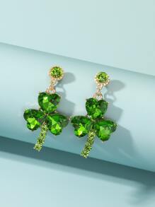 Bông tai thả cỏ ba lá rhinestone - màu xanh lá - Xem 2