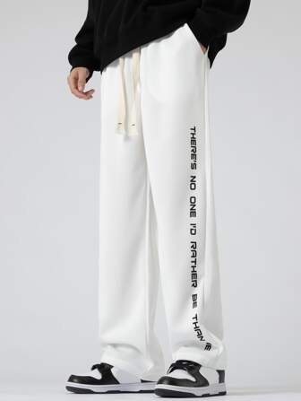 Pantalon De Taille À Cordon De Serrage Imprimé Graphique Avec Slogan Pour Hommes, Coupe Ample