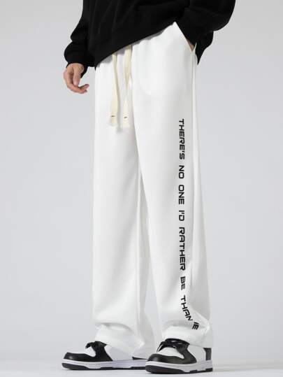 Pantalon De Taille À Cordon De Serrage Imprimé Graphique Avec Slogan Pour Hommes, Coupe Ample