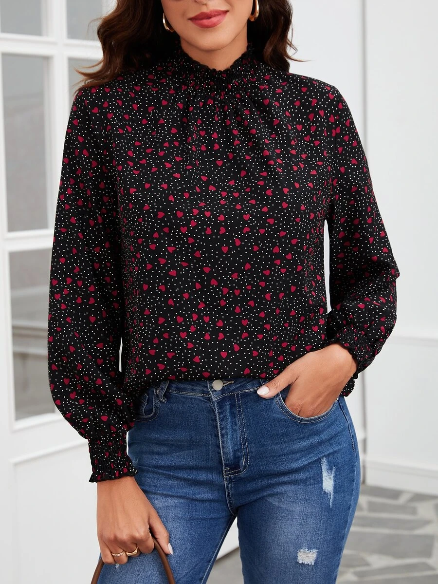 SHEIN Frenchy Heart Print Frill Trim Lantern Sleeve Blouse - Black - View 1