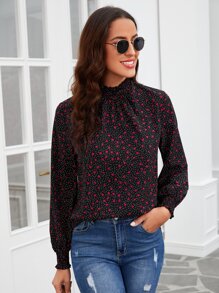 SHEIN Frenchy Heart Print Frill Trim Lantern Sleeve Blouse - Black - View 3