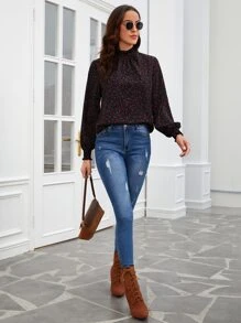 SHEIN Frenchy Heart Print Frill Trim Lantern Sleeve Blouse - Black - View 4