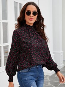 SHEIN Frenchy Heart Print Frill Trim Lantern Sleeve Blouse - Black - View 5