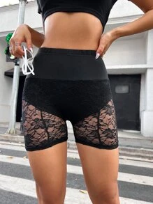 SHEIN SXY Contrast Lace Cycling Shorts - Black - View 4