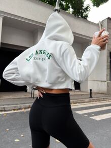 SHEIN Unity 字母刺繡落肩袖抽繩下擺拉鏈連帽衫 - 白色 - 查看 2